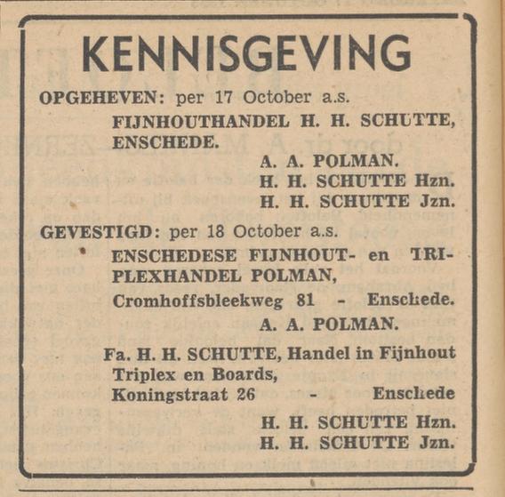 Cromhoffsbleekweg 81 Fijnhouthandel H.H. Schutte advertentie Tubantia 17-10-1953.jpg