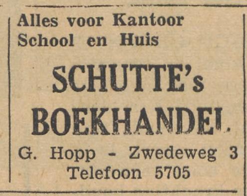 Zwedeweg 3 Schutte's Boekhandel G. Hopp advertentie Tubantia 25-3-1954.jpg