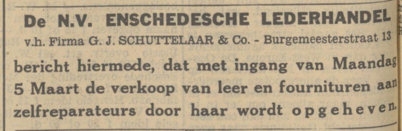 Burgemeesterstraat 13 N.V. Enschedesche Lederhandel vh Fa. G.J. Schuttelaar advertentie Tubantia 3-3-1934.jpg