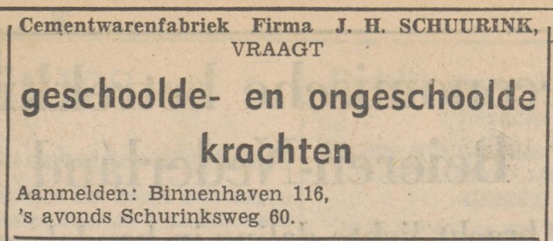 Binnenhaven 116 Cementwarenfabriek J.H. Schuurink advertentie Tubantia 11-3-1953.jpg