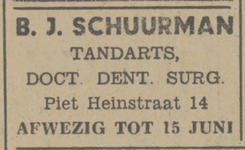 Piet Heinstraat 14 B.J. Schuurman Tandarts Doct. Dent. Surg. advertentie Tubantia 28-5-1948.jpg