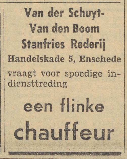 Handelskade 5 Rederij Van der Schuyt-Van den Boom Stanfries advertentie Tubantia 16-1-1963.jpg