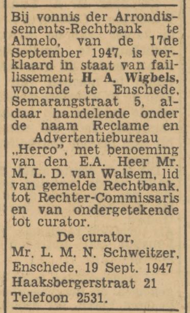 Haaksbergerstraat 21 Mr. L.M.N. Schweitzer curator advertentie Tubantia 20-9-1947.jpg