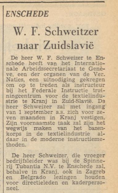 W.F. Schweizer bedrijfsleider Spinnerij Tubantia krantenbericht Tubantia 17-8-1962.jpg