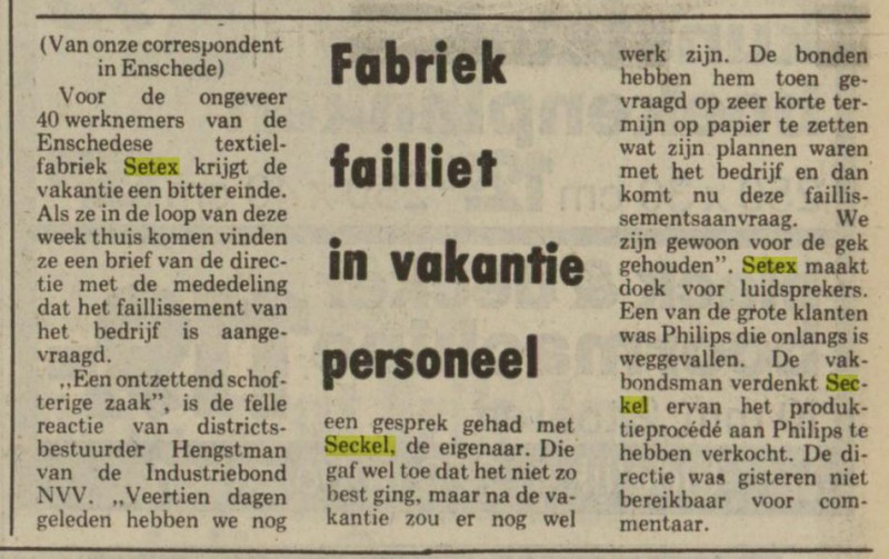 Oldenzaalsestraat 466 Textielfabriek Setex van E.J. Seckel failliet. krantenbericht Nieuwsblad van het Noorden 3-8-1978.jpg
