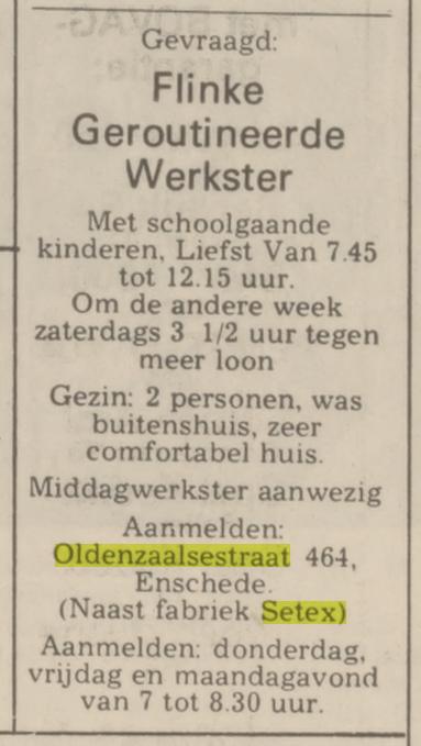 Oldenzaalsestraat 464 naast fabriek Setex advertentie Tubantia 12-8-1974.jpg