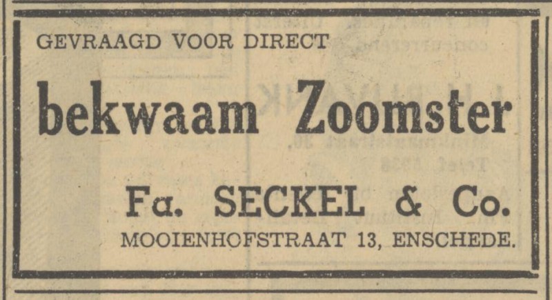 Mooienhofstraat 13 Fa. Seckel _ Co. advertentie Tubantia 9-2-1951.jpg