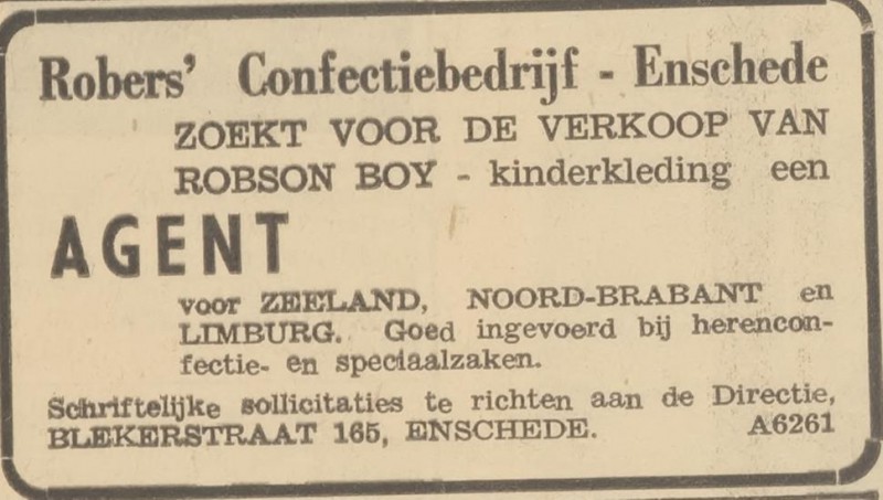 Blekerstraat 165 Robers Confectiebedrijf advertentie 29-1-1955.jpg