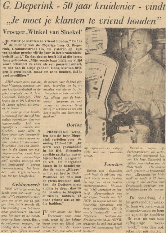 Gronausestraat 165 kruideniersbedrijf G. Dieperink voorheen Seinhorst Koloniale waren krantenbericht Tubantia 14-6-1961.jpg