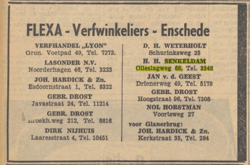 Olieslagweg 68 H.H. Senkeldam Flexa verfwinkelier advertentie Tubantia 1-5-1958.jpg