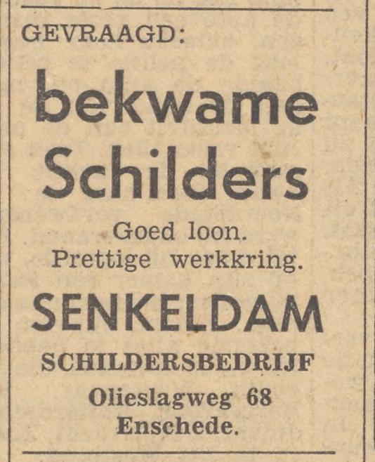 Olieslagweg 68 Schildersbedrijf Senkeldam advertentie Tubantia 24-4-1957.jpg