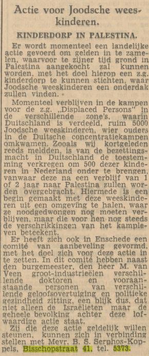 Bisschopstraat 41 Mevr. B.S. Serphos-Koppels krantenbericht Tubantia 4-2-1947.jpg