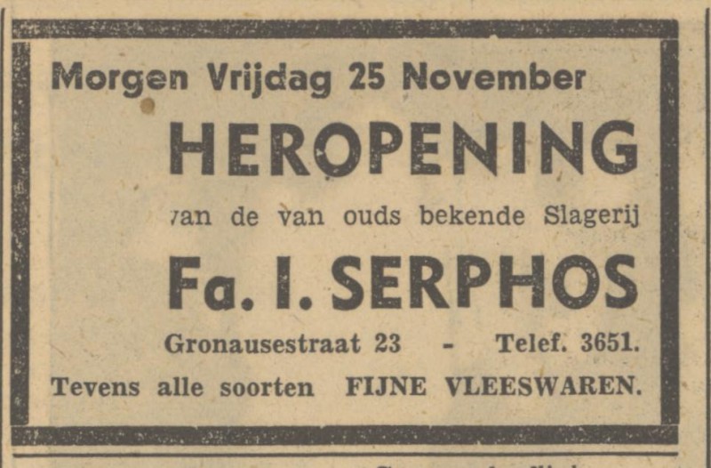 Gronausestraat 23 Fa. I. Serphos slagerij advertentie Tubantia 24-11-1949.jpg
