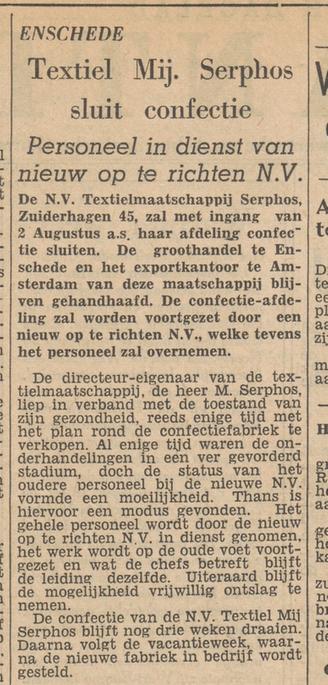 Zuiderhagen 45 Textiel Mij. Serphos krantenbericht Tubantia 30-6-1954.jpg