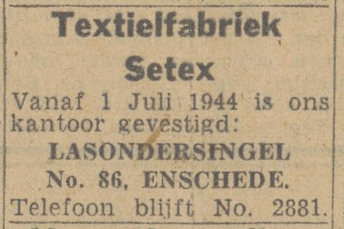 Lasondersingel 86 kantoor Textielfabriek Setex. telf. 2881. advertentie Twentsch nieuwsblad 5-7-1944.jpg