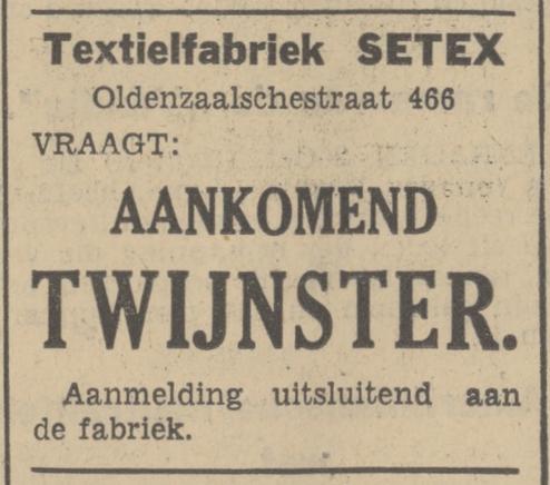 Oldenzaalsestraat 466 Textielfabriek Setex advertentie Tubantia 2-10-1939.jpg
