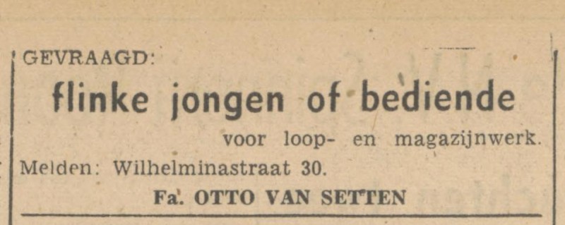 Wilhelminastraat 30 Fa. Otto van Setten advertentie Tubantia 26-6-1947.jpg