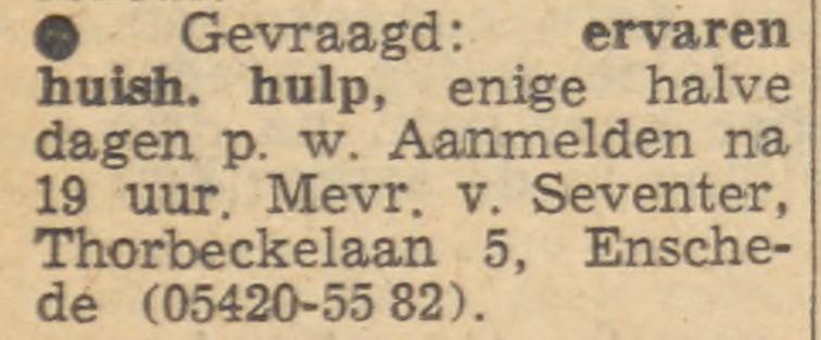 Thorbeckelaan 5 Mevr. van Seventer advertentie Tubantia 3-7-1962.jpg