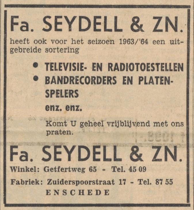 Getfertweg 65 winkel Fa. Seydell & Zn. fabriek Zuiderspoorstraat 17 advertentie Tubantia 12-9-1963.jpg