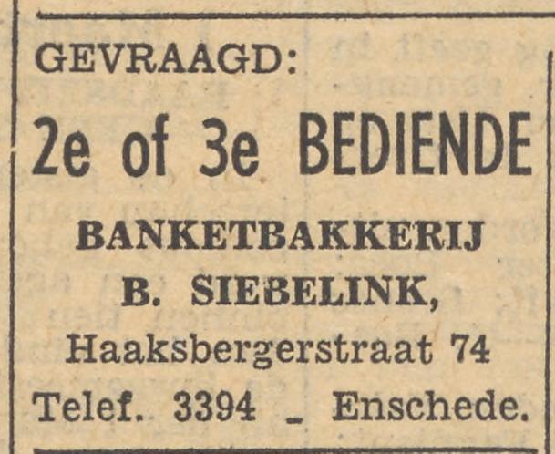 Haaksbergerstraat 74 Banketbakkerij B. Siebelink advertentie Tubantia 27-8-1954.jpg