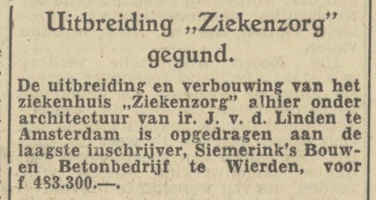 De Ruyterlaan 5 uitbreiding ziekenhuis Ziekenzorg door Siemerink's Bouw- en Betonbedrijf. krantenbericht Tubantia 28-1-1950.jpg