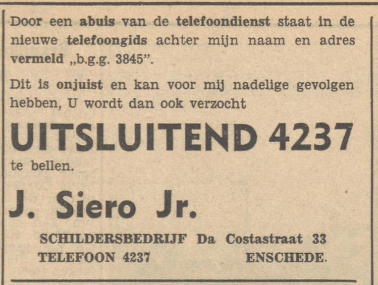 Da Costastraat 33 Schildersbedrijf J. Siero advertentie Tubantia 13-4-1953.jpg