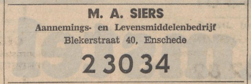 Blekerstraat 40 Aannemings- en Levensmiddelenbedrijf M.A. Siers advertentie Tubantia 2-4-1965.jpg
