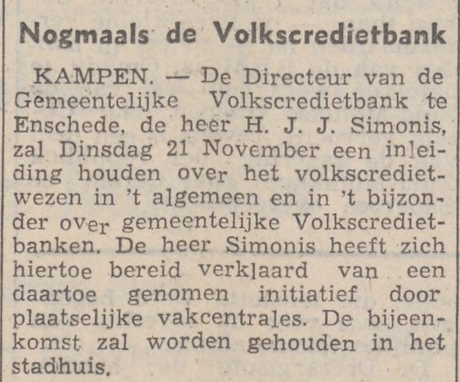 H.J.J. Simonis Direchteur Gemeentelijke Volkscredietbank krantenbericht Overijsselsch dagblad 16-11-1950.jpg