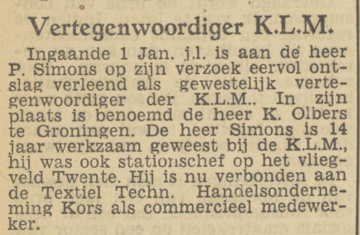 P. Simons stationschef KLM vliegveld Twente krantenbericht Tubantia 4-1-1950.jpg