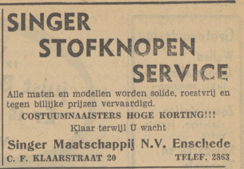 C.F. Klaarstraat 20 Singer Maatschappij N.V. advertentie Tubantia 16-3-1951.jpg