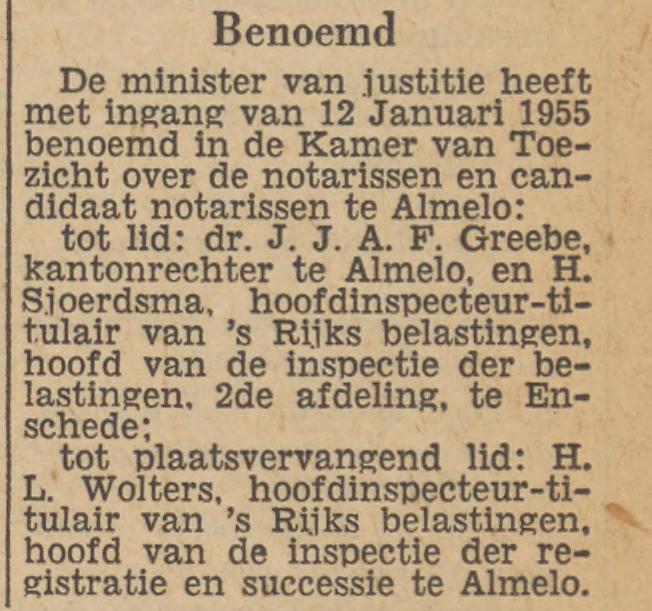 H. Sjoerdsma Hoofdinspecteur van 's Rijksbelastingen krantenbericht Tubantia 17-1-1955.jpg