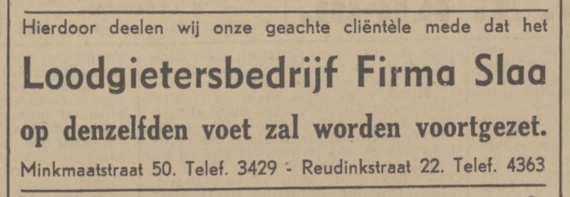 Minkmaatstraat 50 Loodgietersbedrijf Fa. Slaa advertentie Tubantia 29-4-1942.jpg