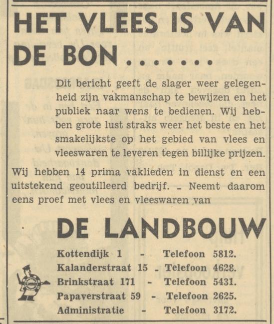 Brinkstraat 171 slagerij De Landbouw telf. 5431. advertentie Tubantia 2-11-1949.jpg
