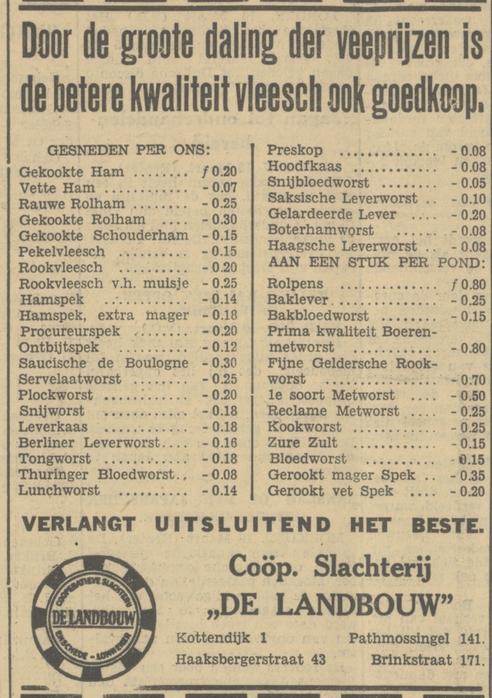 Brinkstraat 171 Coöperatieve Slachterij De Landbouw advertentie Tubantia 10-3-1932.jpg