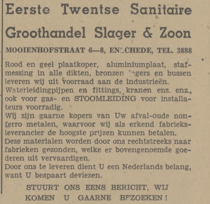 Mooienhofstraat 6-8 Eerste Twentsche Sanitaire Groothandel Slager & Zoon advertentie Tubantia 2-3-1948.jpg