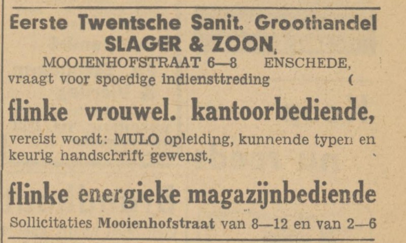 Mooienhofstraat 6-8 Eerste Twentsche Sanitaire Groothandel Slager & Zoon advertentie Tubantia 7-11-1947.jpg