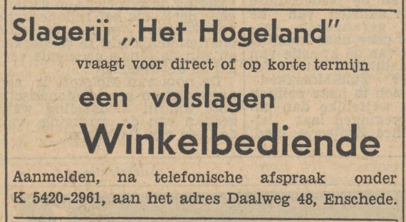 Daalweg 48 slagerij Het Hogeland advertentie Tubantia 12-3-1956.jpg