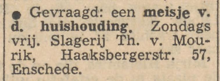 Haaksbergerstraat 57 Slagerij Th. van Mourik advertentie Tubantia 2-2-1956.jpg