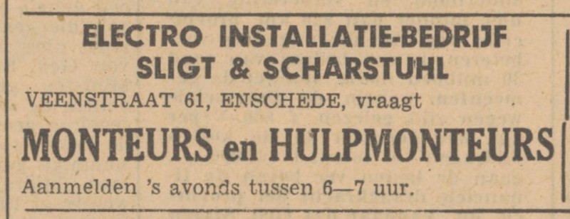 Veenstraat 61 Sligt en Scharstuhl Electro Installatiebedrijf advertentie Tubantia 1-7-1948.jpg