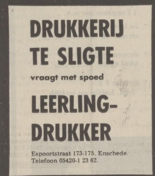 Espoortstraat 173-175 Drukkerij te Sligte advertentie Tubantia 1-8-1973.jpg