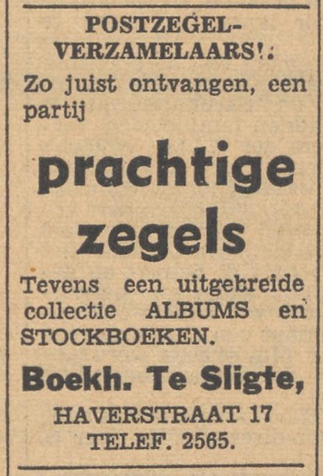 Haverstraat 17 Boekhandel te Sligte advertentie Tubantia 9-9-1954.jpg