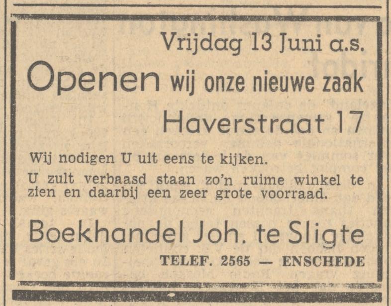 Haverstraat 17 Boekhandel Joh. te Sligte advertentie Tubantia 7-6-1947.jpg