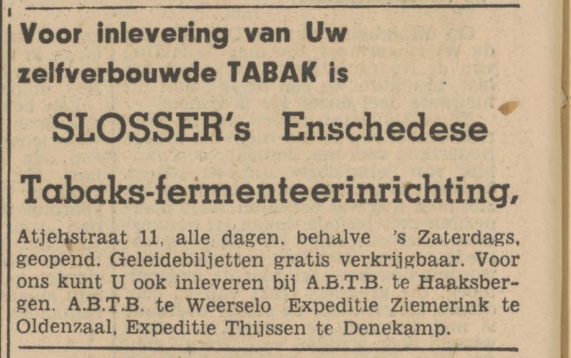 Atjehstraat 11 Slosser Tabaks-fermenteerinrichting advertentie Tubantia 10-9-1947.jpg