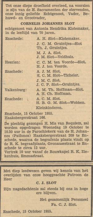 Haaksbergerstraat 166 C.J. Slot overlijdensadvertentie Tubantia 17-10-1955.jpg
