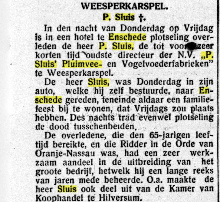 P. Sluis directeur N.V. P. Sluis Pluimvee- en Vogelvoederfabrieken in Enschede overleden. krantenbericht 31-8-1928.jpg