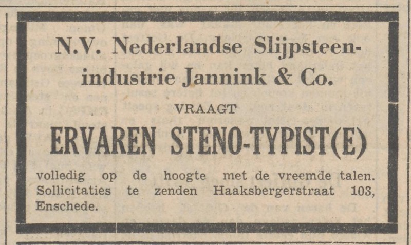 Haaksbergerstraat 103 N.V. Nederlandse Slijpsteenindustrie Jannink en Co advertentie 2-10-1951.jpg