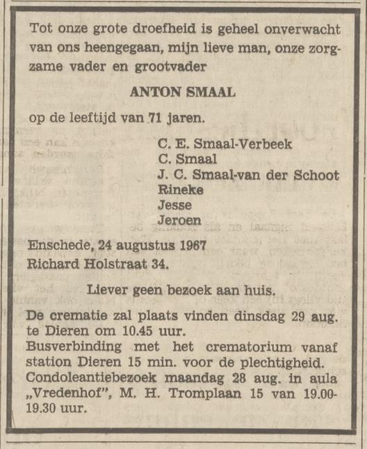 Richard Holstraat 34 Antoon Smaal overlijdensadvertentie 25-8-1967.jpg