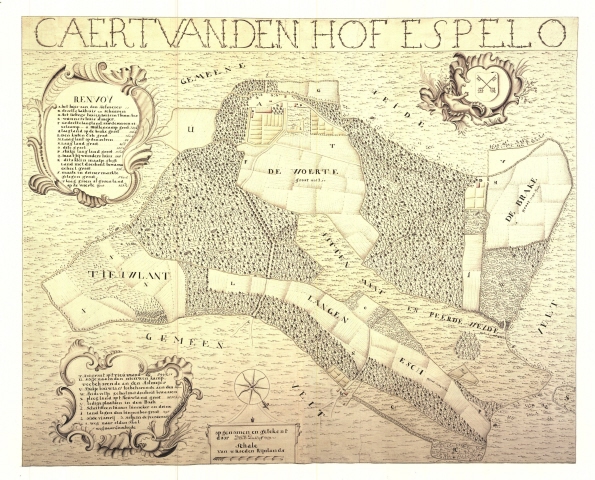 Kaart van Hof Espelo getekend door D.G.B. Dalhoff met opschrift Caert van den Hof Espelo opgenomen en getekent door D.G.B. Dalhoff 1729. Schale van 40 Roeden Rijnlands.jpeg