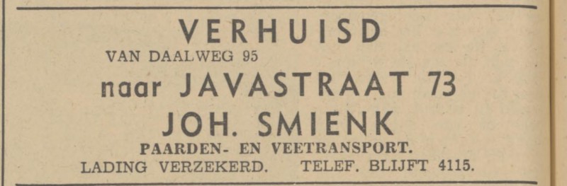 Javastraat 73 Joh. Smienk Paarden- en Veetransport advertentie Tubantia 17-2-1940.jpg