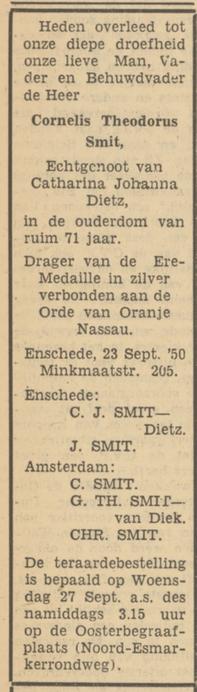 Minkmaatstraat 205 C.Th. Smit overlijdensadvertentie Tubantia 25-9-1950.jpg